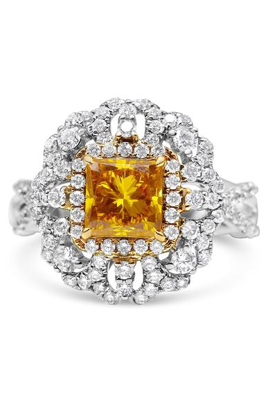 18K White And Yellow Gold 2.17 Cttw Yellow Radiant Lab Grown Center Diamond Flower Ring (Yellow/G-H Color, Vs1-Vs2 Clarity) - Size 6.5 main image 0